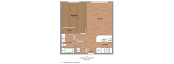 A floor plan of a small apartment with a bedroom, bathroom, kitchen, and closet.