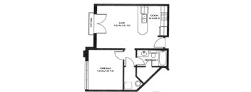 A black and white image of a floor plan for a house with a kitchen, living room, and bathroom.