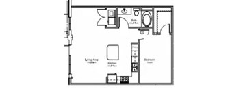 A floor plan of a small apartment with a living area, kitchen, and bedroom at East End Lofts at the Railyard Apartments, Texas