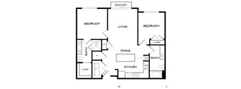 A black and white image of a house floor plan with a balcony, two bedrooms, a living room, a dining room, a kitchen, and two bathrooms.