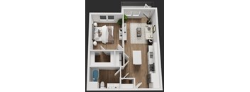 A top-down view of a modern apartment with a bedroom, living room, kitchen, and bathroom at Rock Creek Apartments, Gainesville, 76240