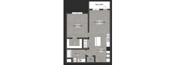 A floor plan of a small apartment with a bedroom, living room, kitchen, and bathroom.