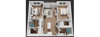 A top-down view of a modern apartment layout with two bedrooms, a living area, and a kitchen at Rock Creek Apartments, Gainesville, Texas, 76240