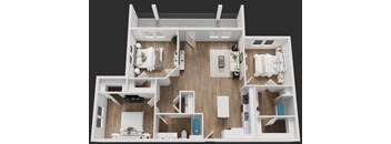 A 3D model of a modern apartment layout  at Rock Creek Apartments, Gainesville, TX
