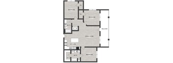 A floor plan of an apartment with two bedrooms, a living room, a kitchen, and a bathroom.