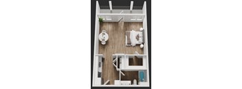 A top-down view of a small apartment with a kitchen, living room, and bathroom at Rock Creek Apartments, Gainesville, TX