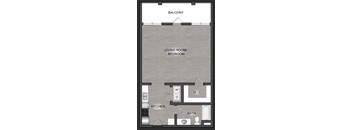 A floor plan of a small apartment with a living room, kitchen, bathroom, and balcony.