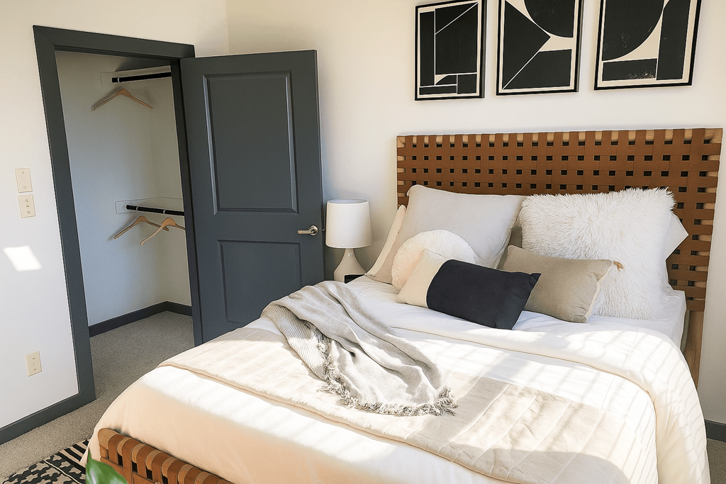 A bedroom with a bed, a wardrobe, and a wall-mounted shelf.
