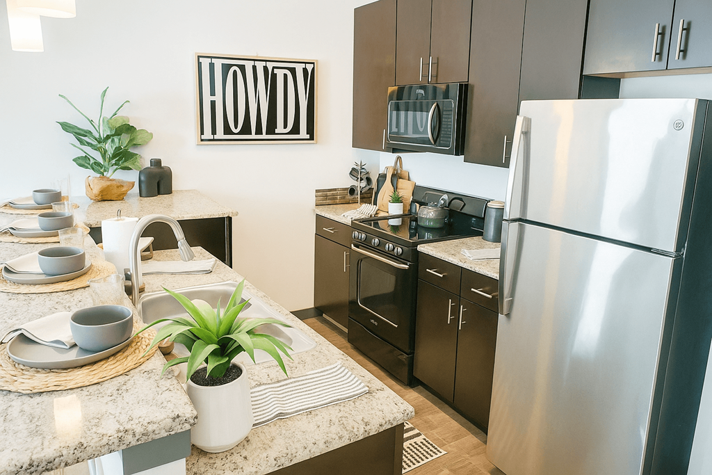 A kitchen with a Howdy sign on the wall.