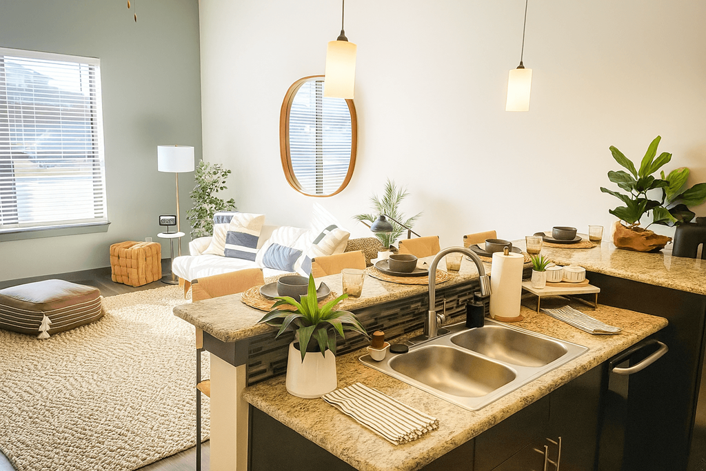 A kitchen with a sink, a mirror, and a rug.