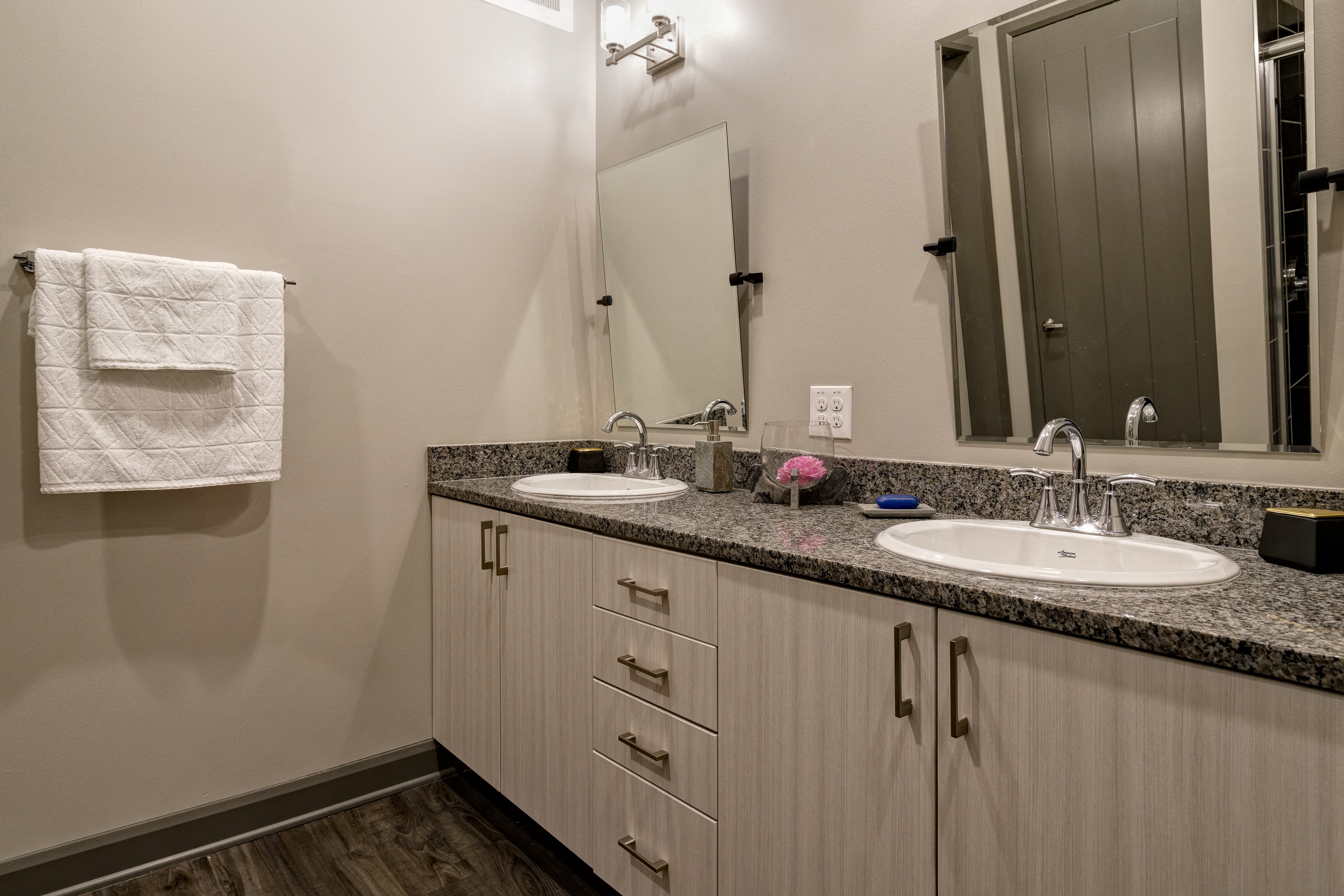 a bathroom with two sinks and a mirror