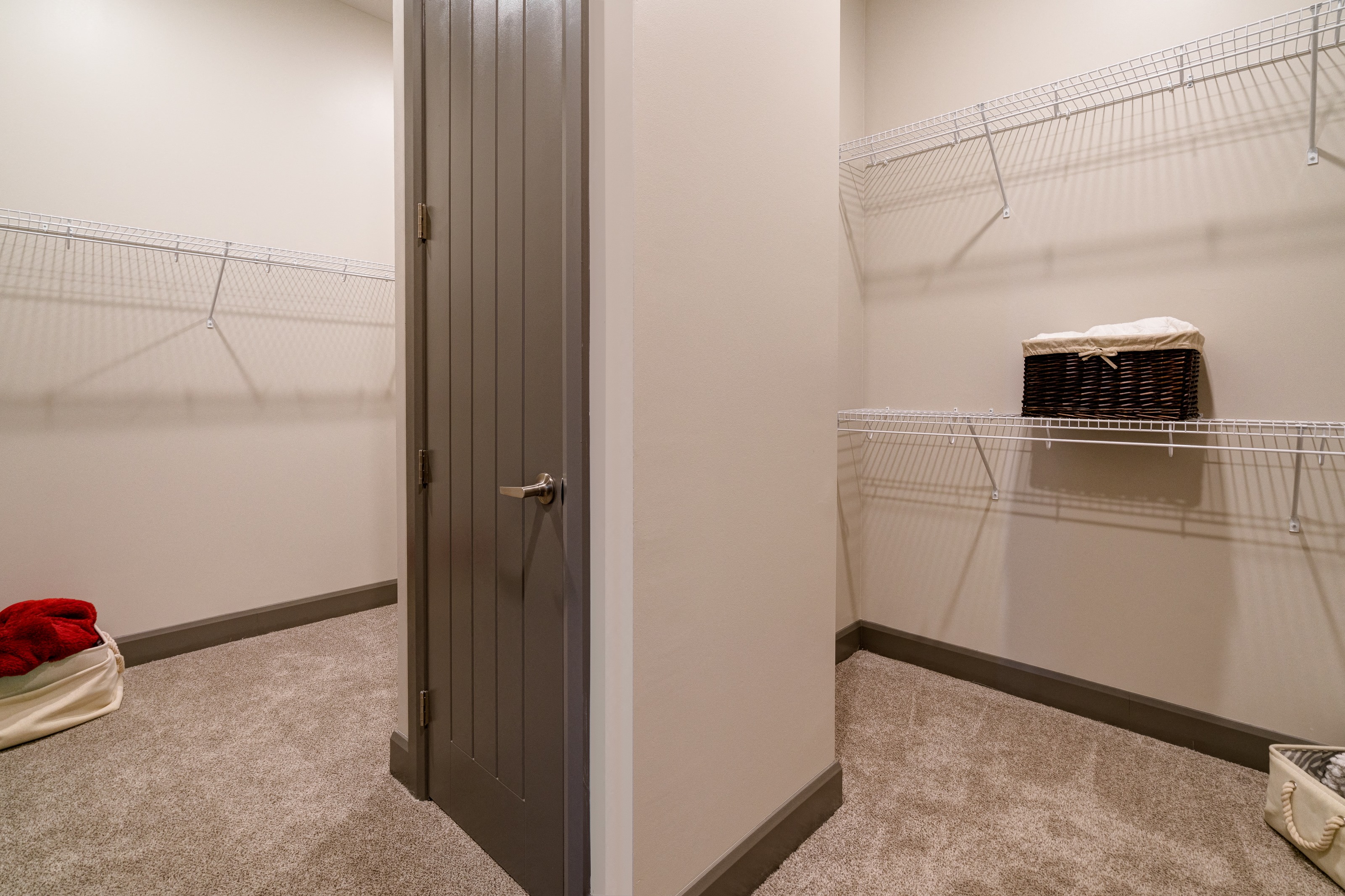 an empty closet in a bathroom with mirrored shelves and a closet door