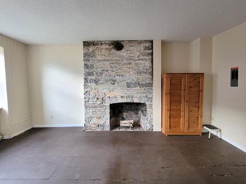 A room with a stone fireplace and a wooden door.
