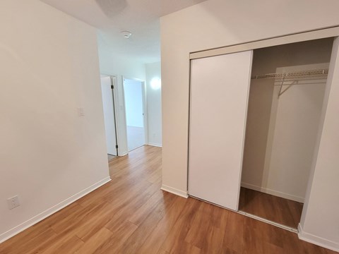 a bedroom with a closet and a hard wood floor
