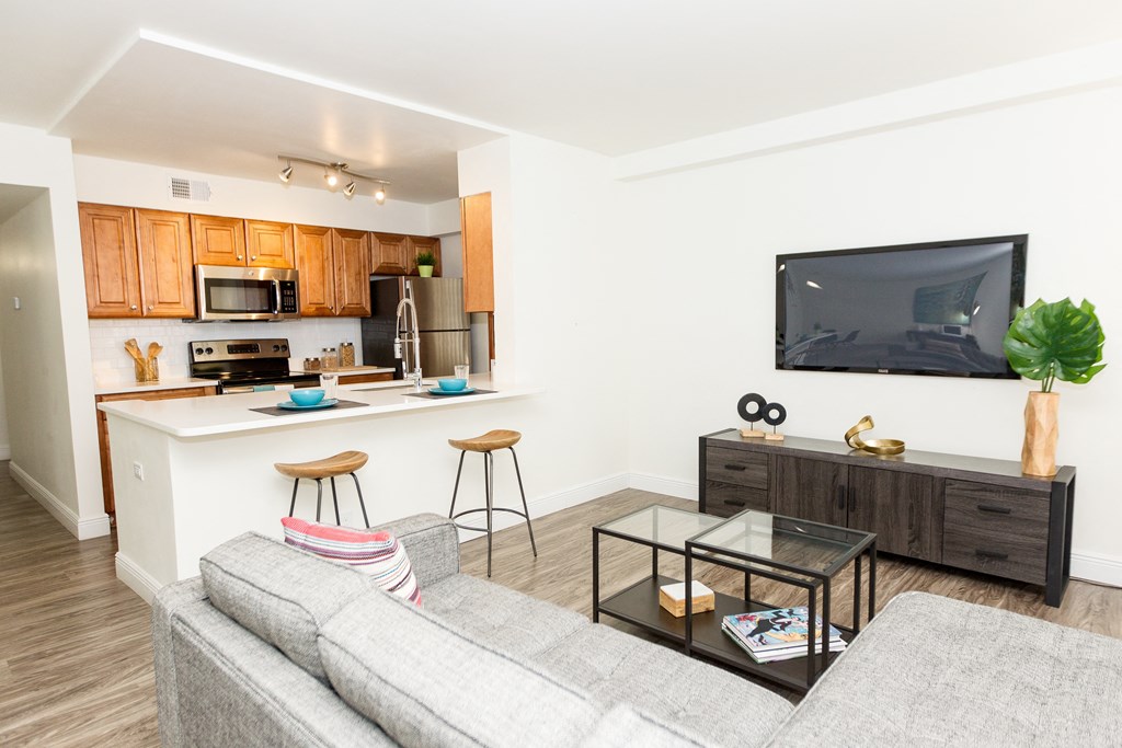 a living room with a couch and a kitchen with a television
