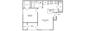 A black and white image of a floor plan for a small apartment.