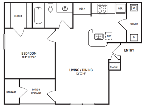 A black and white image of a floor plan for a small apartment.