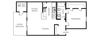 A floor plan of a house with a living room, kitchen, dining room, and bedroom.