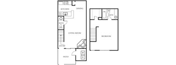A floor plan of a house with a kitchen, dining area, living room, bedroom, bathroom, and patio.