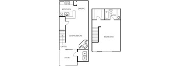 A floor plan of a house with a kitchen, dining area, living room, bedroom, bathroom, and patio.