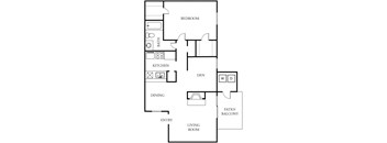 A floor plan of a house with a living room, dining room, kitchen, patio/balcony, and bedroom.