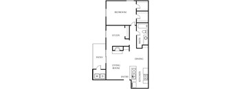 A floor plan of a house with a bedroom, study, living room, dining area, kitchen and bathroom.