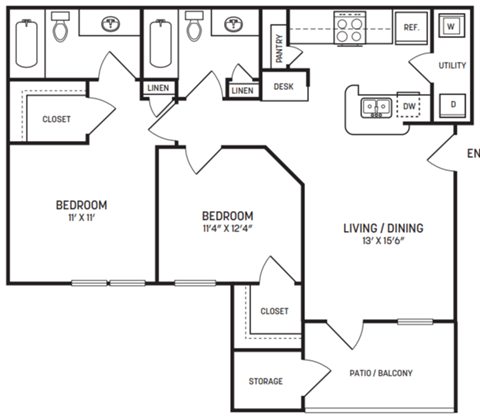 A black and white image of a house floor plan with two bedrooms, a living/dining area, and a kitchen.