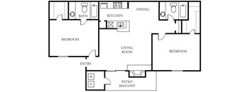 A floor plan of a house with a living room, dining room, kitchen, two bedrooms, a bathroom, and a patio/balcony.
