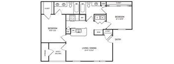 A black and white floor plan of a home with two bedrooms, a living area, and a closet.