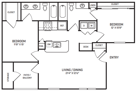 A black and white floor plan of a home with two bedrooms, a living area, and a closet.