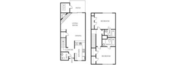A floor plan of a house with a living room, dining room, kitchen, and two bedrooms.