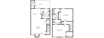 A floor plan of a house with a living room, dining room, kitchen, two bedrooms, a bathroom, a patio, and an entry.