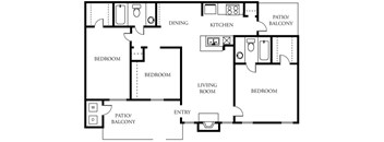 A floor plan of a house with a living room, two bedrooms, a dining room, a kitchen, a patio/balcony, and an entry.