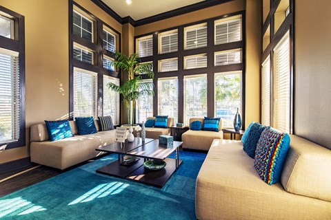 A living room with a blue rug and a large window.