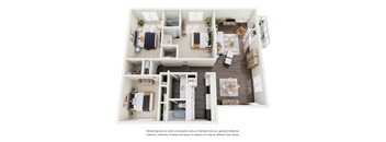 A floor plan of a house with a kitchen, living room, and two bedrooms.