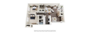 A floor plan of a small apartment with a kitchen, living room, and two bedrooms.