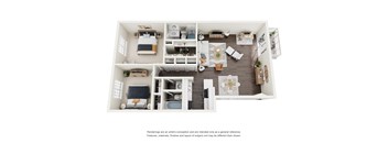 A top-down view of a well-organized apartment with a kitchen, living room, and bedrooms.