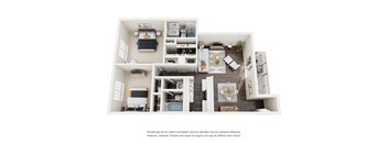 A top-down view of a small apartment with a kitchen, living room, and bedroom.