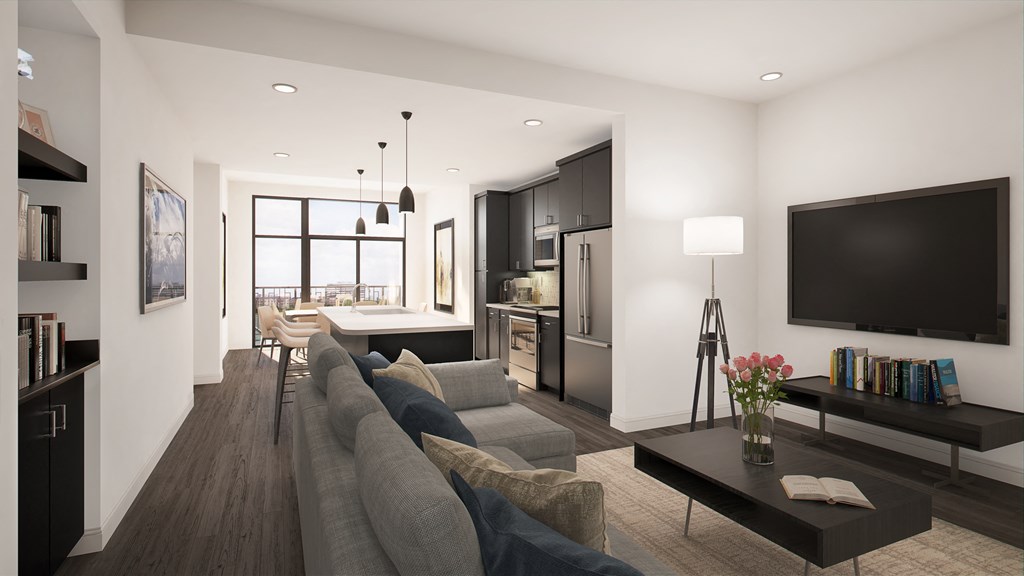 a rendering of a living room with a kitchen and dining area