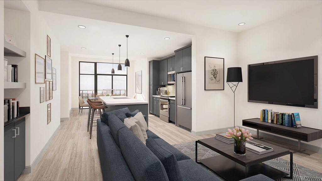 a rendering of a living room with a kitchen in the background