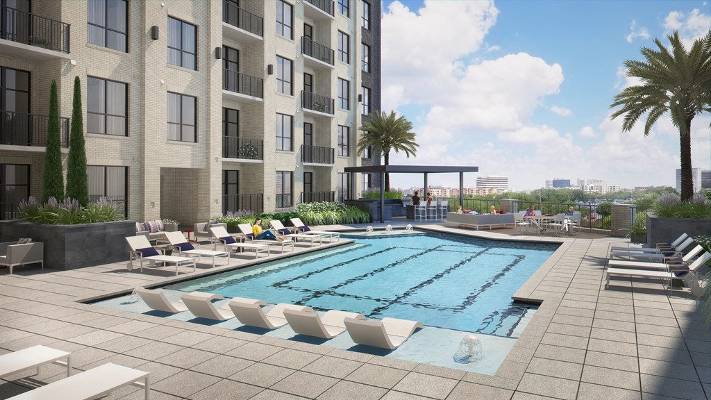 a rendering of an apartment building with a pool in the foreground