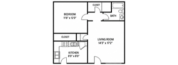 A black and white image of a floor plan for a small apartment.