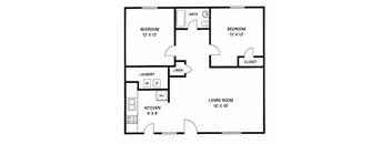 A floor plan of a small apartment with two bedrooms, a living room, a kitchen, a laundry room, and a bathroom.