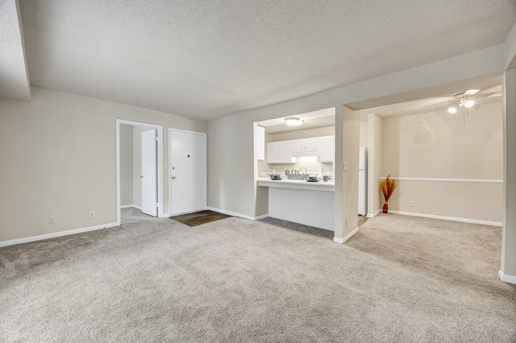 A spacious room with a carpeted floor and white walls at Peachtree Place Apartments, Columbia, SC, 29210