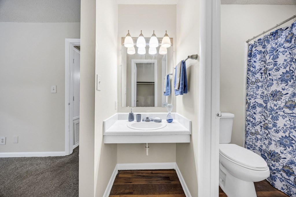 A bathroom with a white sink and a toilet at Peachtree Place Apartments, Columbia, SC