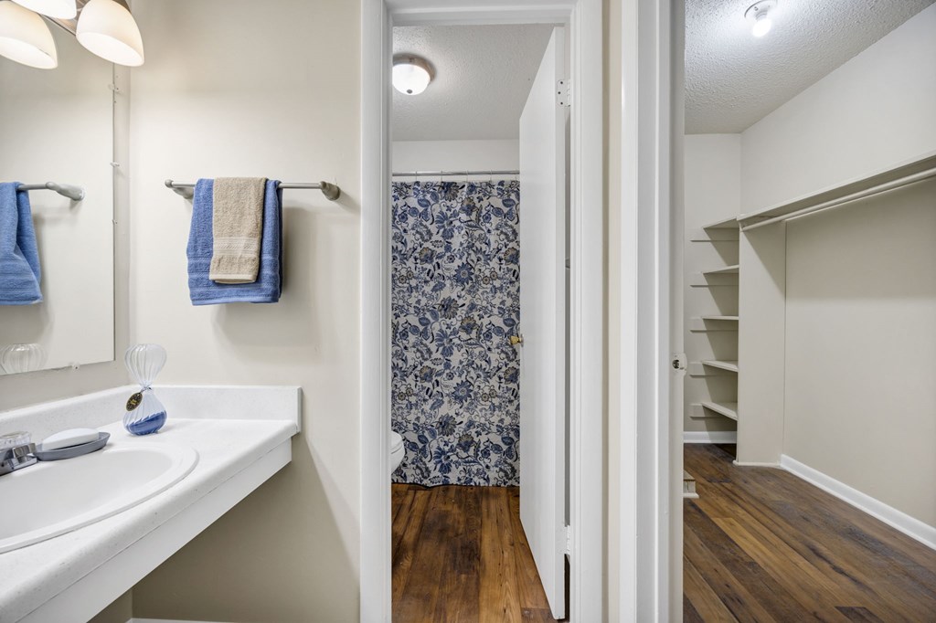 A bathroom with a white sink and a blue and white shower curtain at Peachtree Place Apartments, Columbia