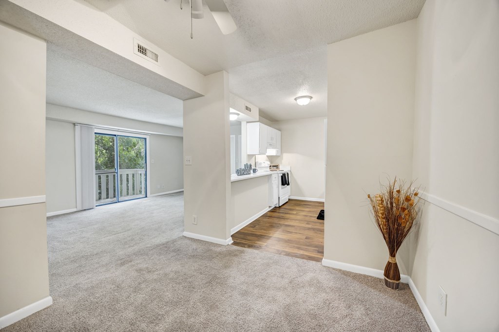 A room with a carpeted floor and a vase with dried flowers on the right side. at Peachtree Place Apartments, Columbia, SC