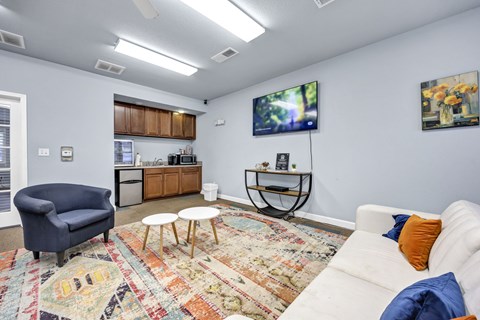 A living room with a white couch, a blue armchair, and a rug with a pattern.
