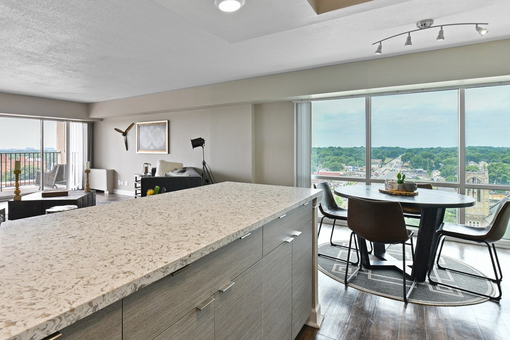 Open concept kitchen, dining and living spaces at CityView on Meridian, Indiana, 46208