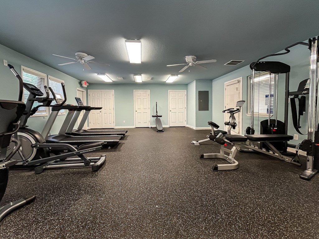 A gym with treadmills, elliptical machines, and weights. A gym with treadmills, elliptical machines, and weightsat Peachtree Place, Columbia, SC 29210.